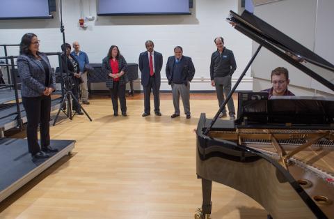 Members of the Board of Trustees take a tour of the Catherine Dower Center for the Performing and Fine Arts after a board meeting in December 2022.