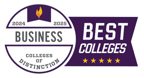 A purple and white graphic that says "Best Colleges 2024-2025, Business Colleges of Distinction