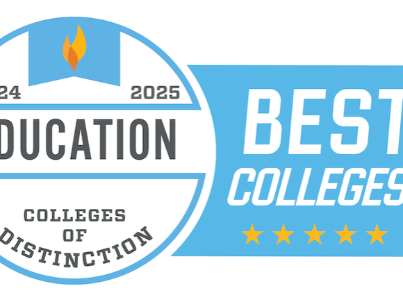 A graphic image that resembled a badge. The badge is blue and white and says, "Best Colleges, Education, and Colleges of Distinction". This was awarded to the University for their undergraduate education program.