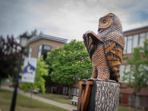 Wooden owl carving outside Bates & Wilson Halls.