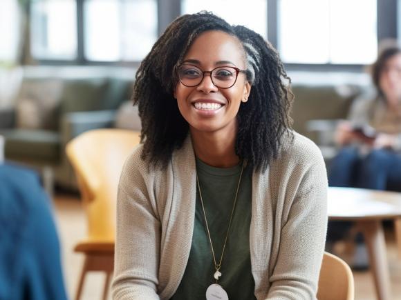Student smiling in a meeting.