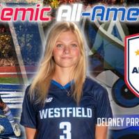 Delaney Parker, named the 2024 College Sports Communicators (CSC) Academic All-American women's soccer team. The visual graphic depicts Parker in her blue uniform and also shows her on the Owls athletic field.